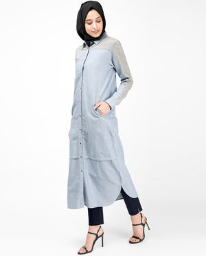 Blue & Grey Mix Fabric Long Shirt Dress