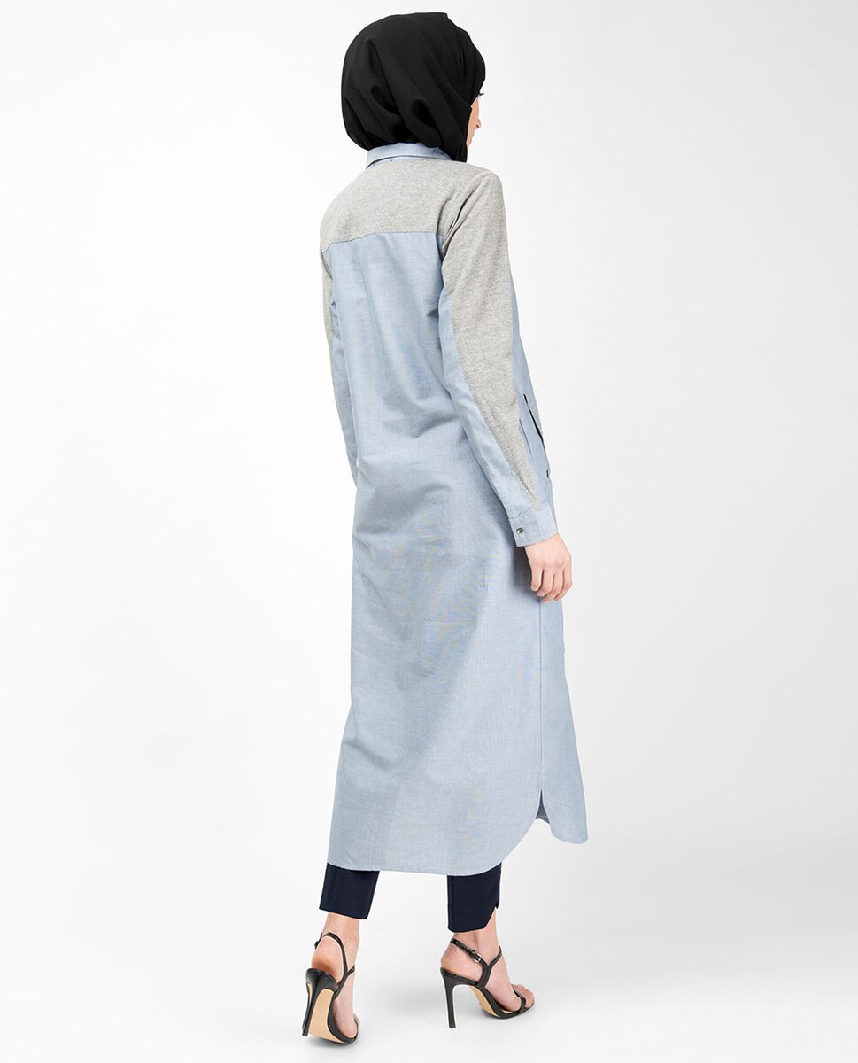 Blue & Grey Mix Fabric Long Shirt Dress