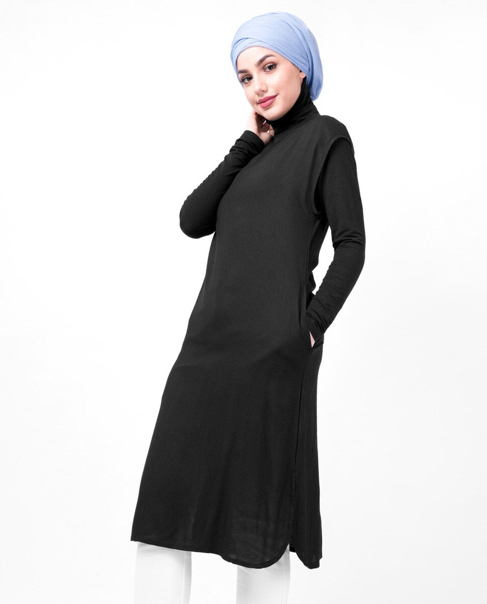 Boat Neck Black Sleeveless Slip Shirt Dress