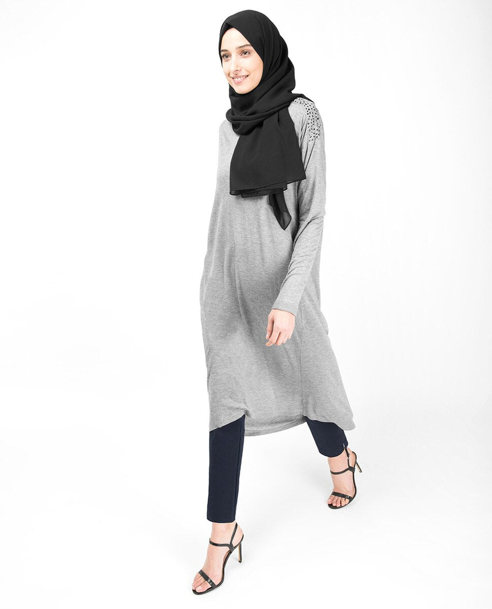 Boat Neck Grey Studded Long Top