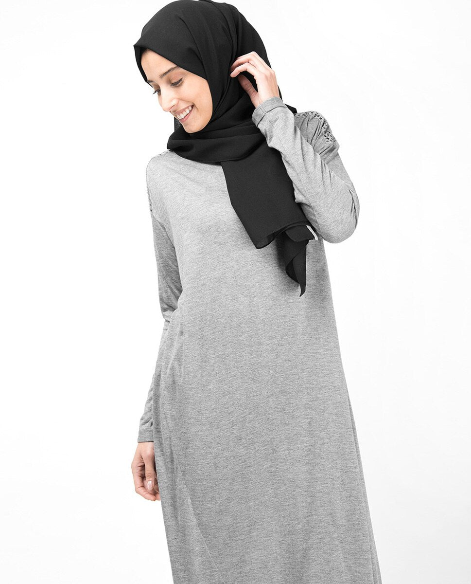 Modest Outerwear in Boat Neck Grey Studded Long Top - ModestPath.com