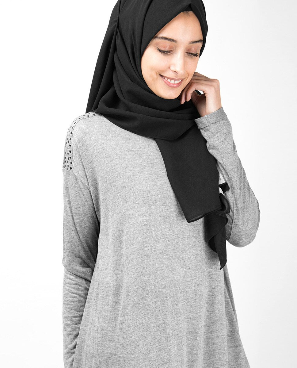 Boat Neck Grey Studded Long Top