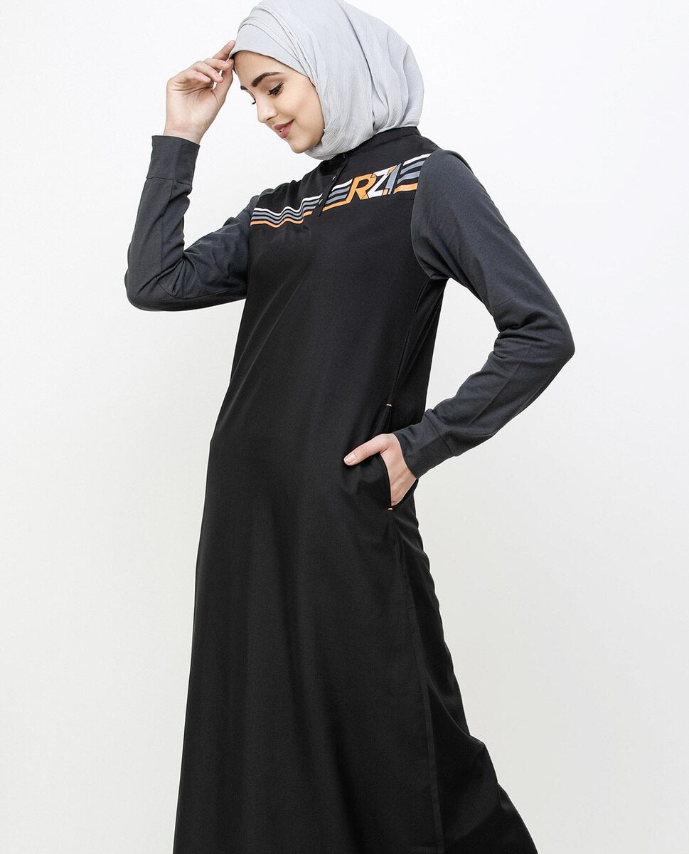 Contrast Sleeve Black Printed Jilbab Abaya