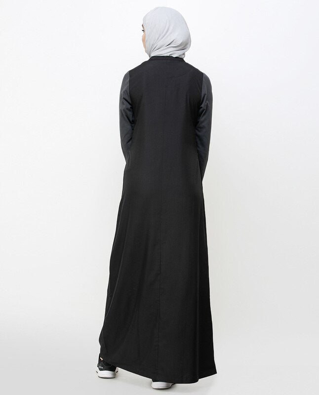 Contrast Sleeve Black Printed Jilbab Abaya