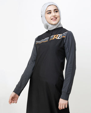 Contrast Sleeve Black Printed Jilbab Abaya