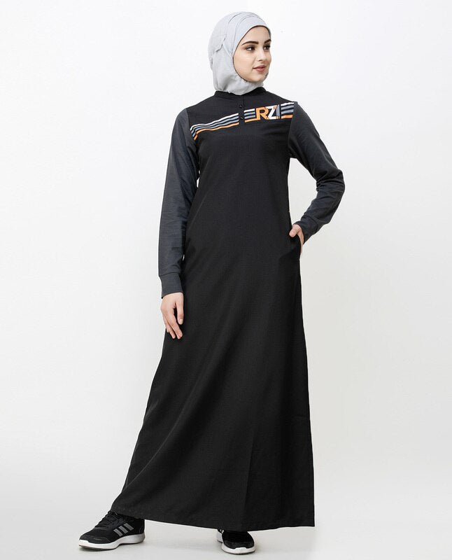 Contrast Sleeve Black Printed Jilbab Abaya