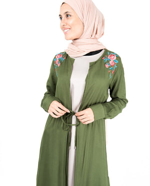 Cypress Green Floral Embroidered Outerwear