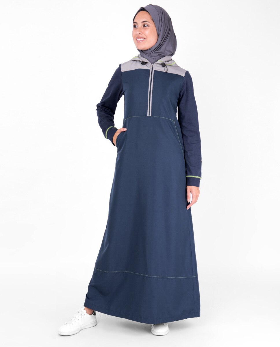 Deep Blue Hooded Kangaroo Pocket Jilbab Abaya