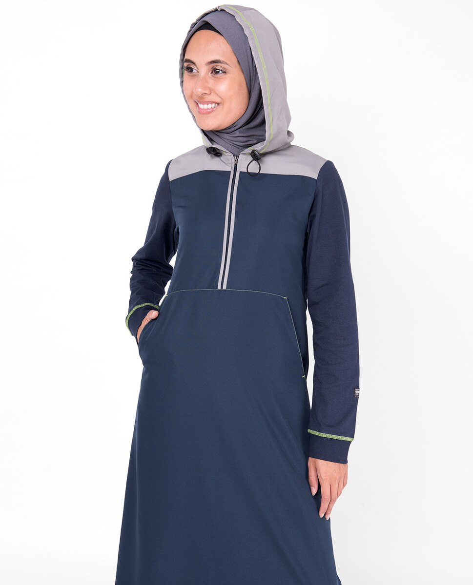 Deep Blue Hooded Kangaroo Pocket Jilbab Abaya