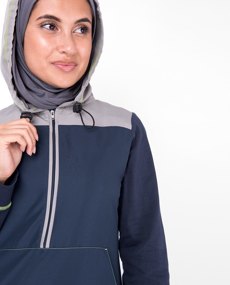 Deep Blue Hooded Kangaroo Pocket Jilbab Abaya
