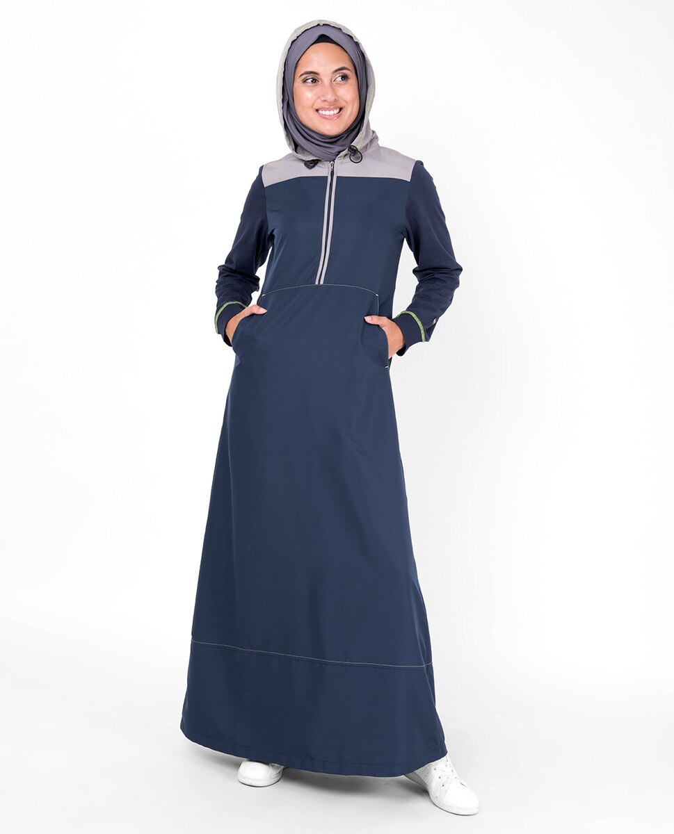 Deep Blue Hooded Kangaroo Pocket Jilbab Abaya