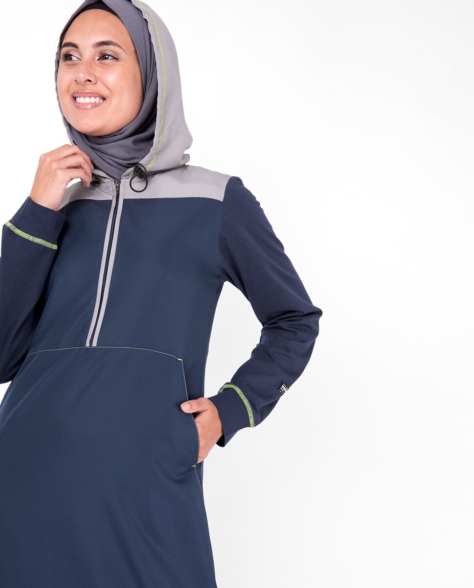 Deep Blue Hooded Kangaroo Pocket Jilbab Abaya