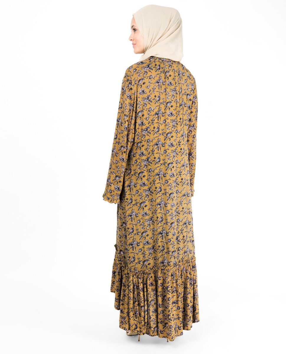 Floral Inverted Pleat Gauze Mustard Midi Dress