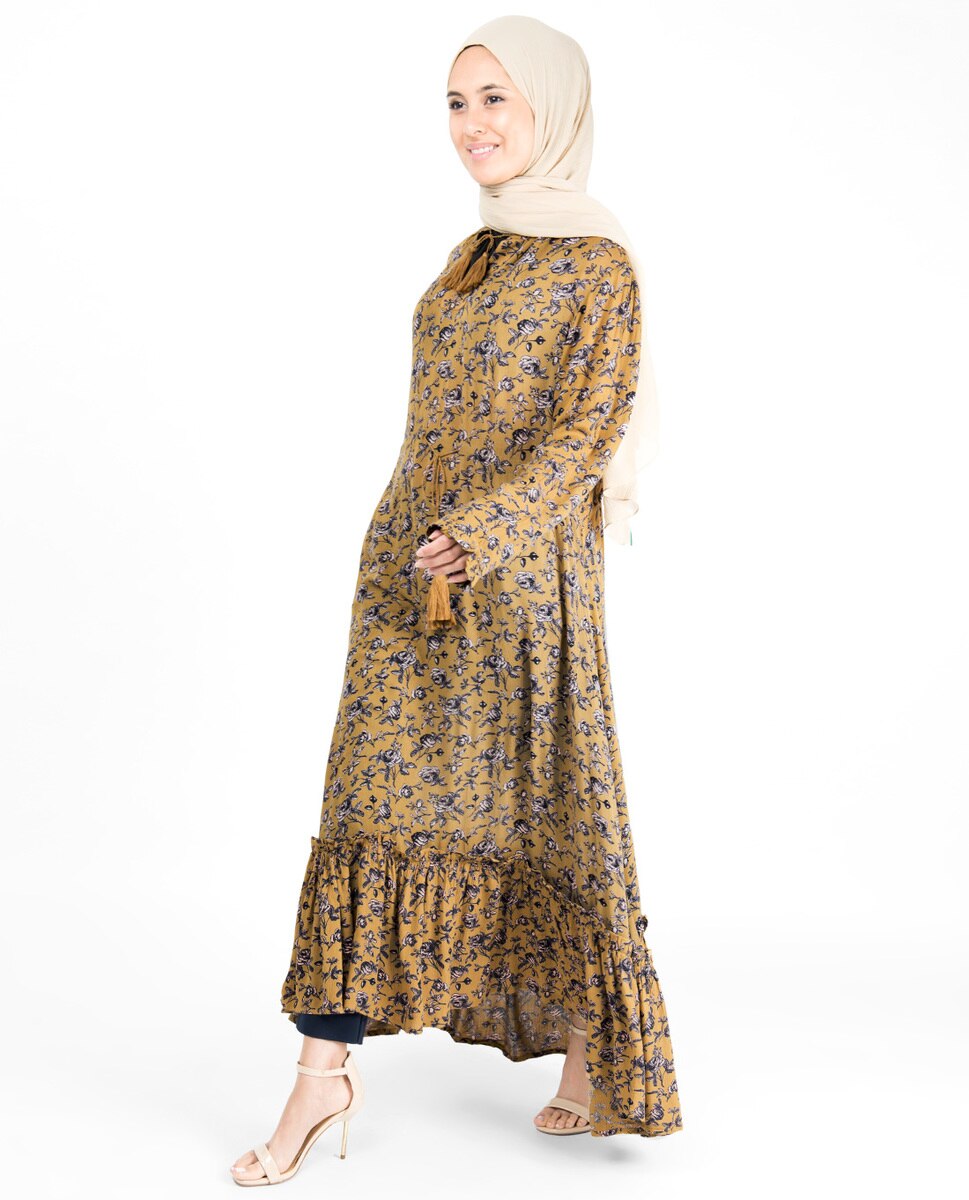 Floral Inverted Pleat Gauze Mustard Midi Dress