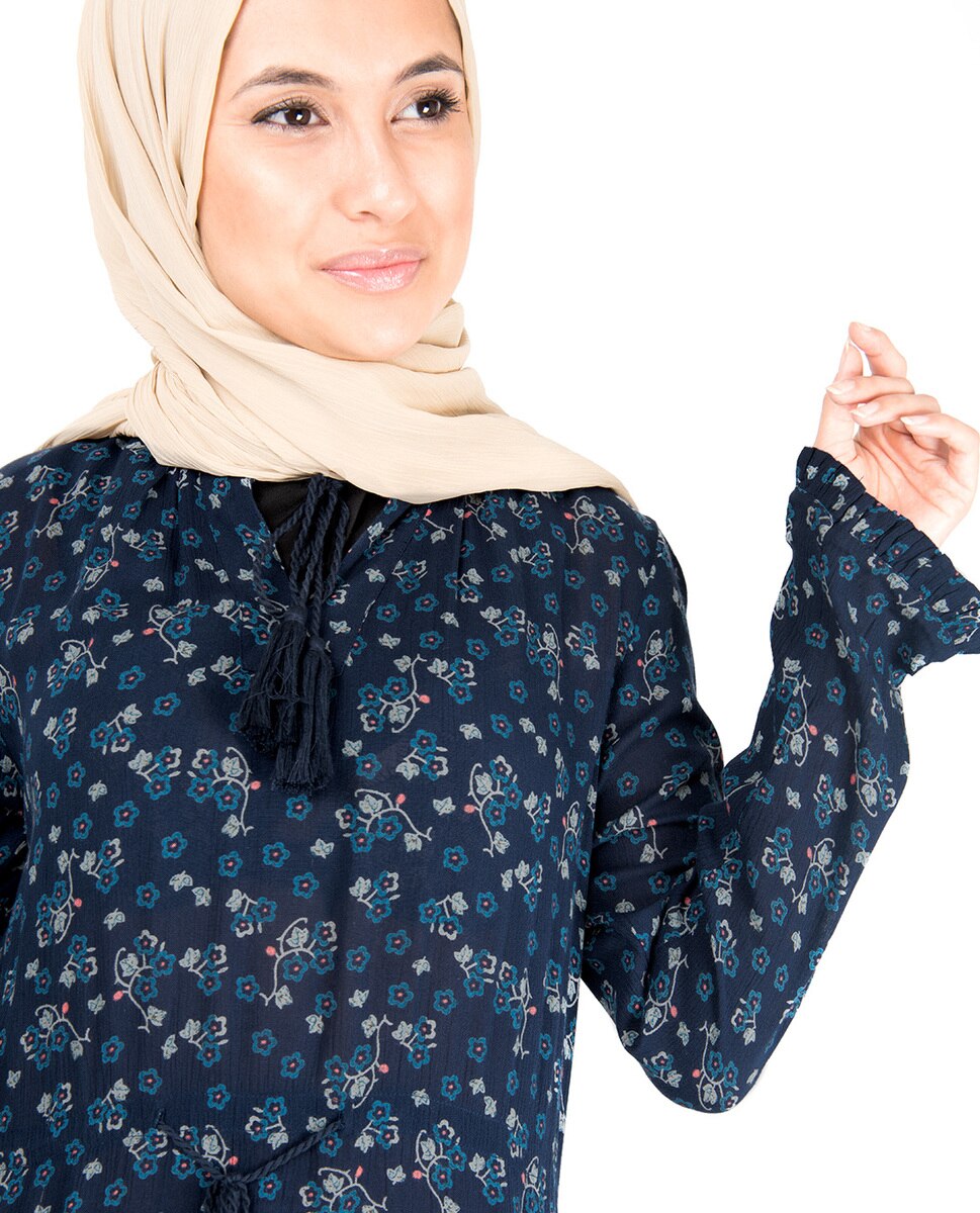 Floral Inverted Pleat Gauze Navy Midi Dress