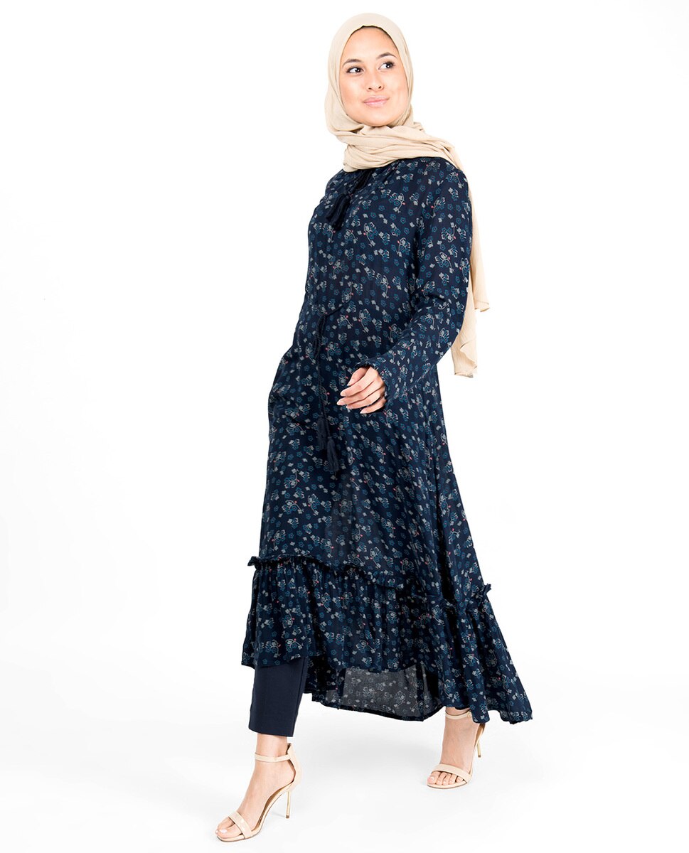 Floral Inverted Pleat Gauze Navy Midi Dress