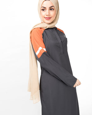 Grey & Orange Raised Neck Abaya Jilbab