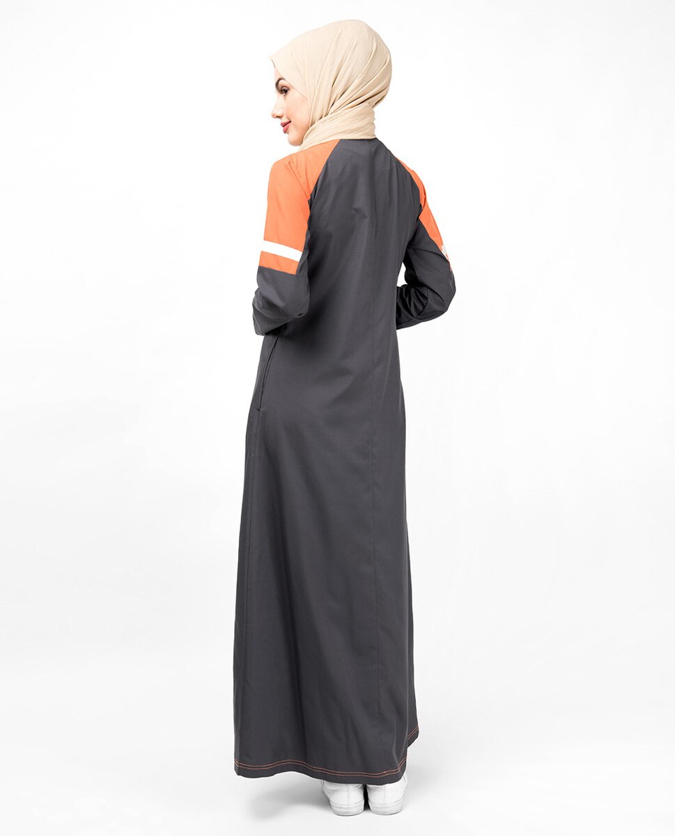 Grey & Orange Raised Neck Abaya Jilbab