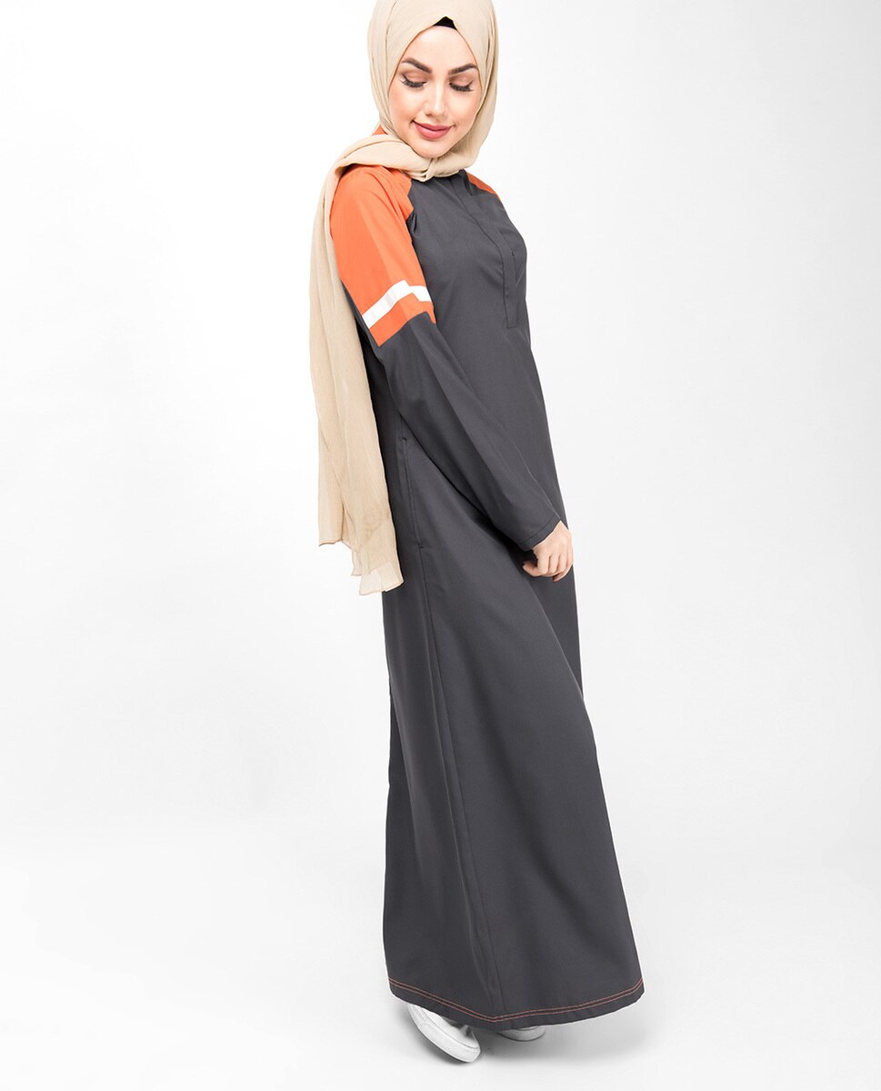 Grey & Orange Raised Neck Abaya Jilbab