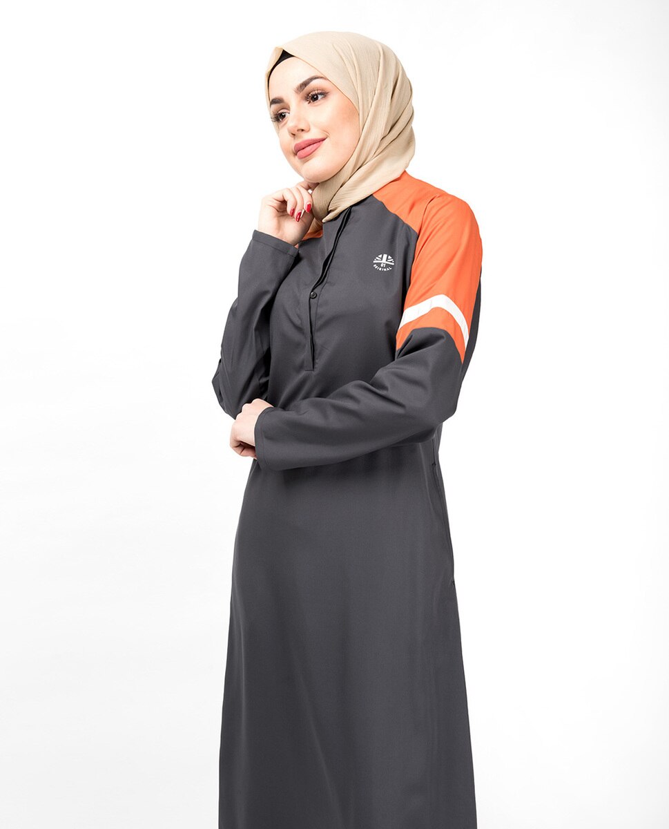 Grey & Orange Raised Neck Abaya Jilbab