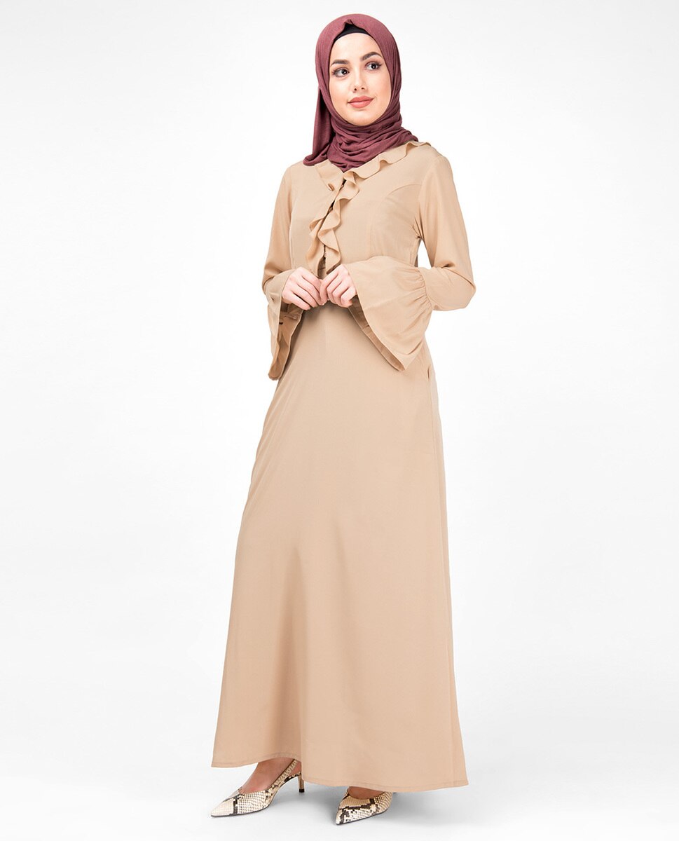 Lightweight Ruffle Neck Sand Abaya