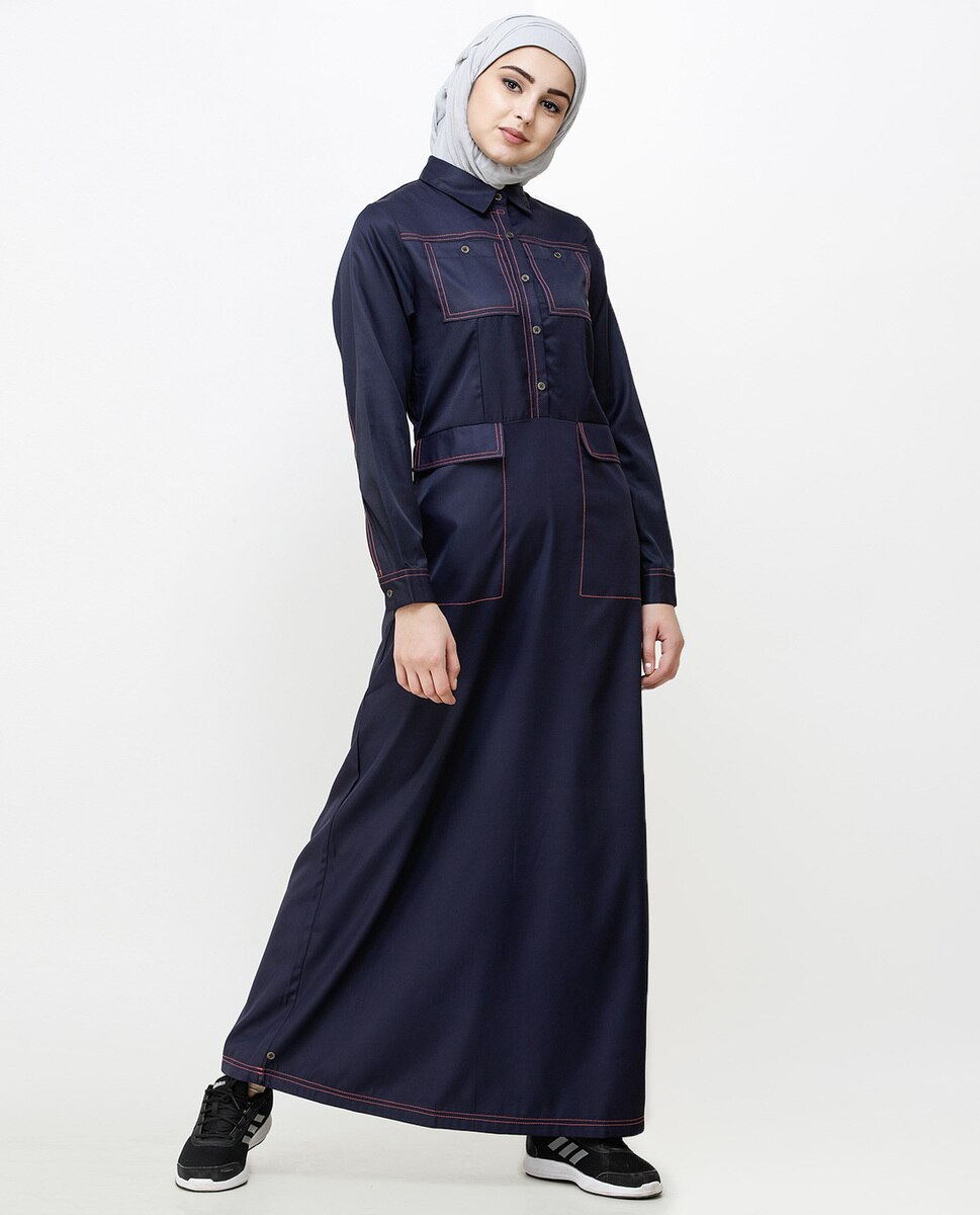 Navy Blue Patch Pockets Buttoned Jilbab Abaya