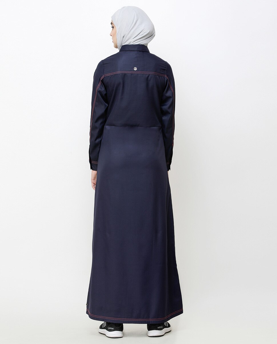 Navy Blue Patch Pockets Buttoned Jilbab Abaya