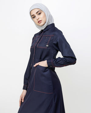 Navy Blue Patch Pockets Buttoned Jilbab Abaya
