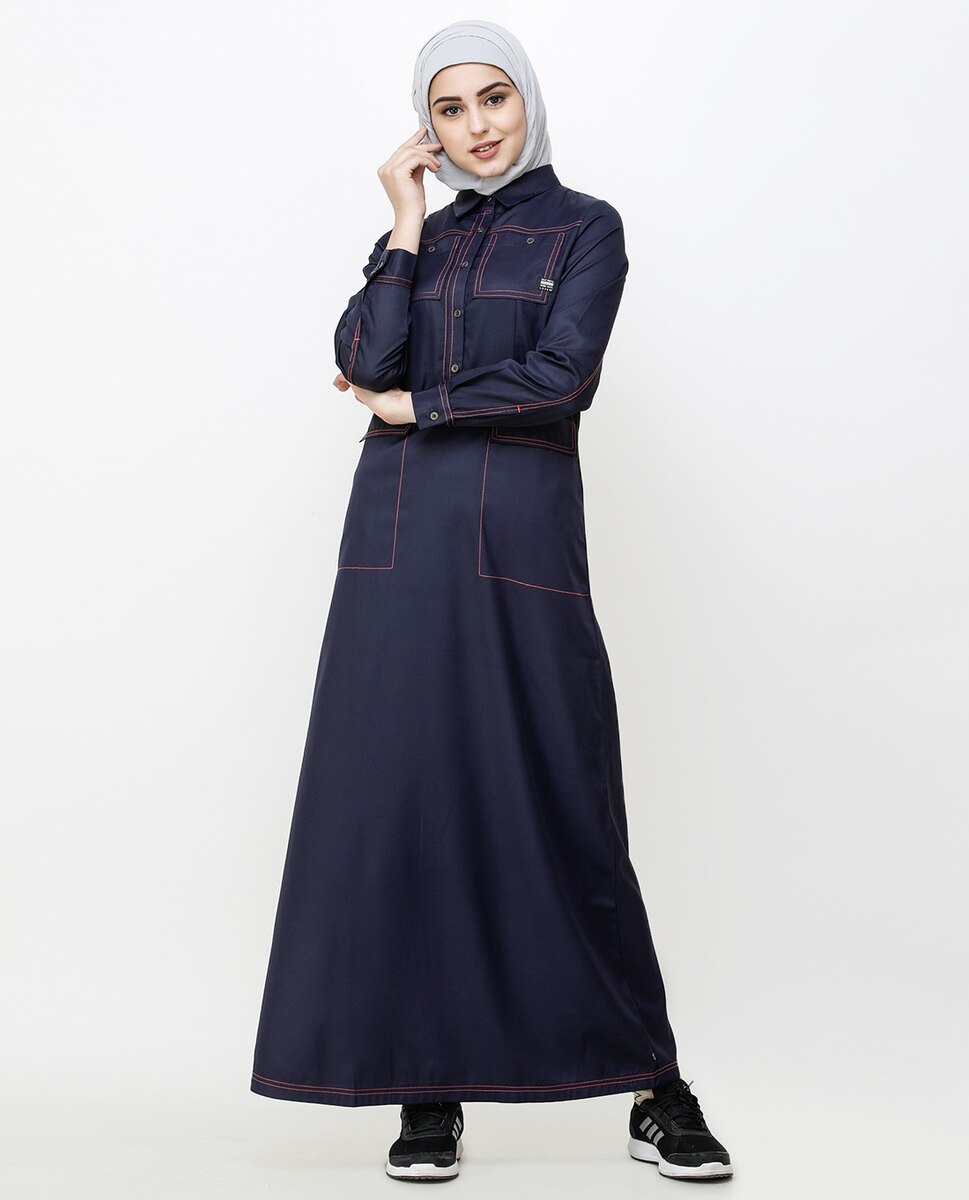 Navy Blue Patch Pockets Buttoned Jilbab Abaya
