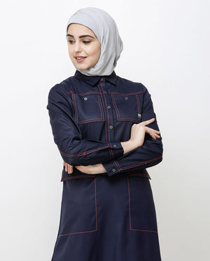 Navy Blue Patch Pockets Buttoned Jilbab Abaya