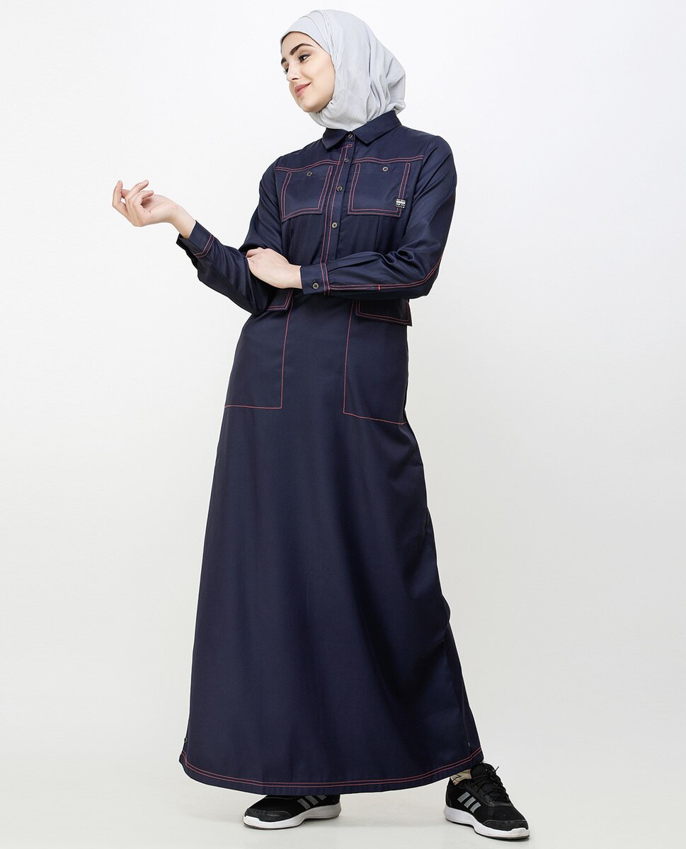 Navy Blue Patch Pockets Buttoned Jilbab Abaya