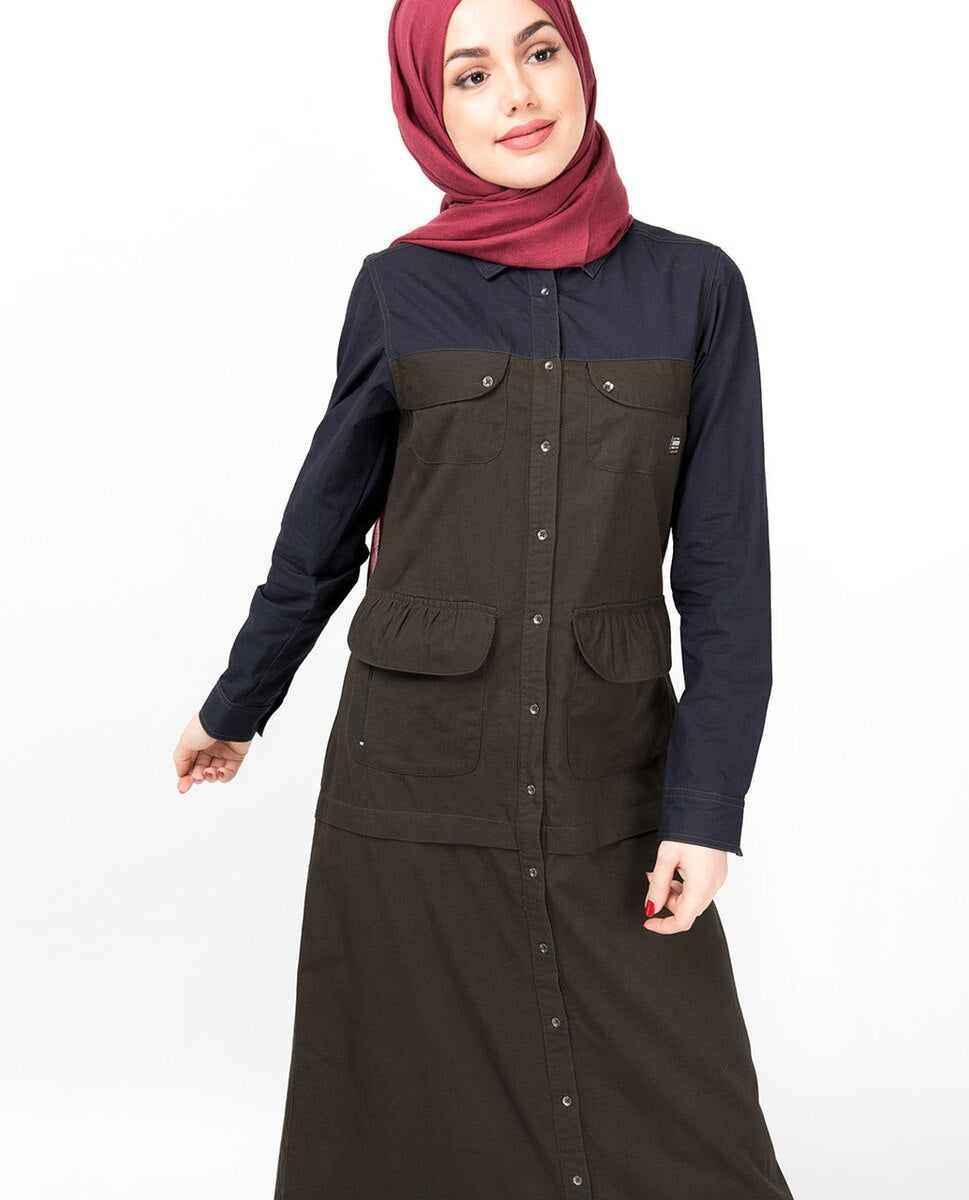 Navy & Olive Full Front Open Abaya
