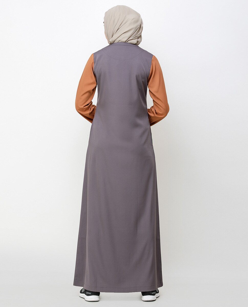 Rabbit Grey & Brown Shoulder Button Jilbab Abaya