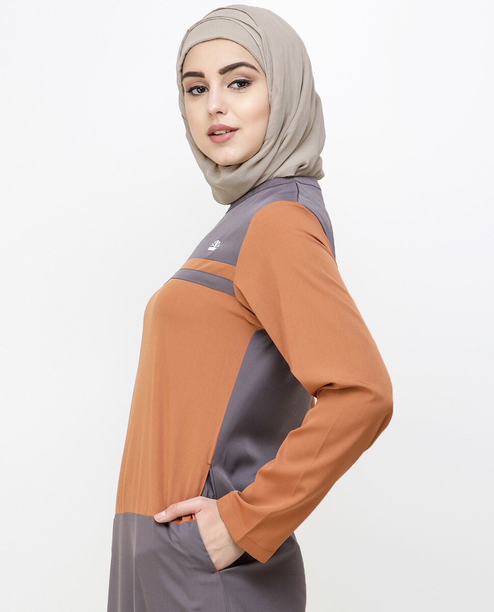 Rabbit Grey & Brown Shoulder Button Jilbab Abaya