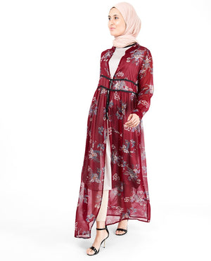 Red Floral Gathered Waist Poly Chiffon Outerwear