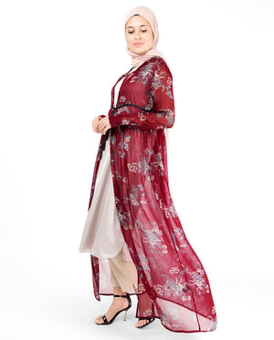 Red Floral Gathered Waist Poly Chiffon Outerwear