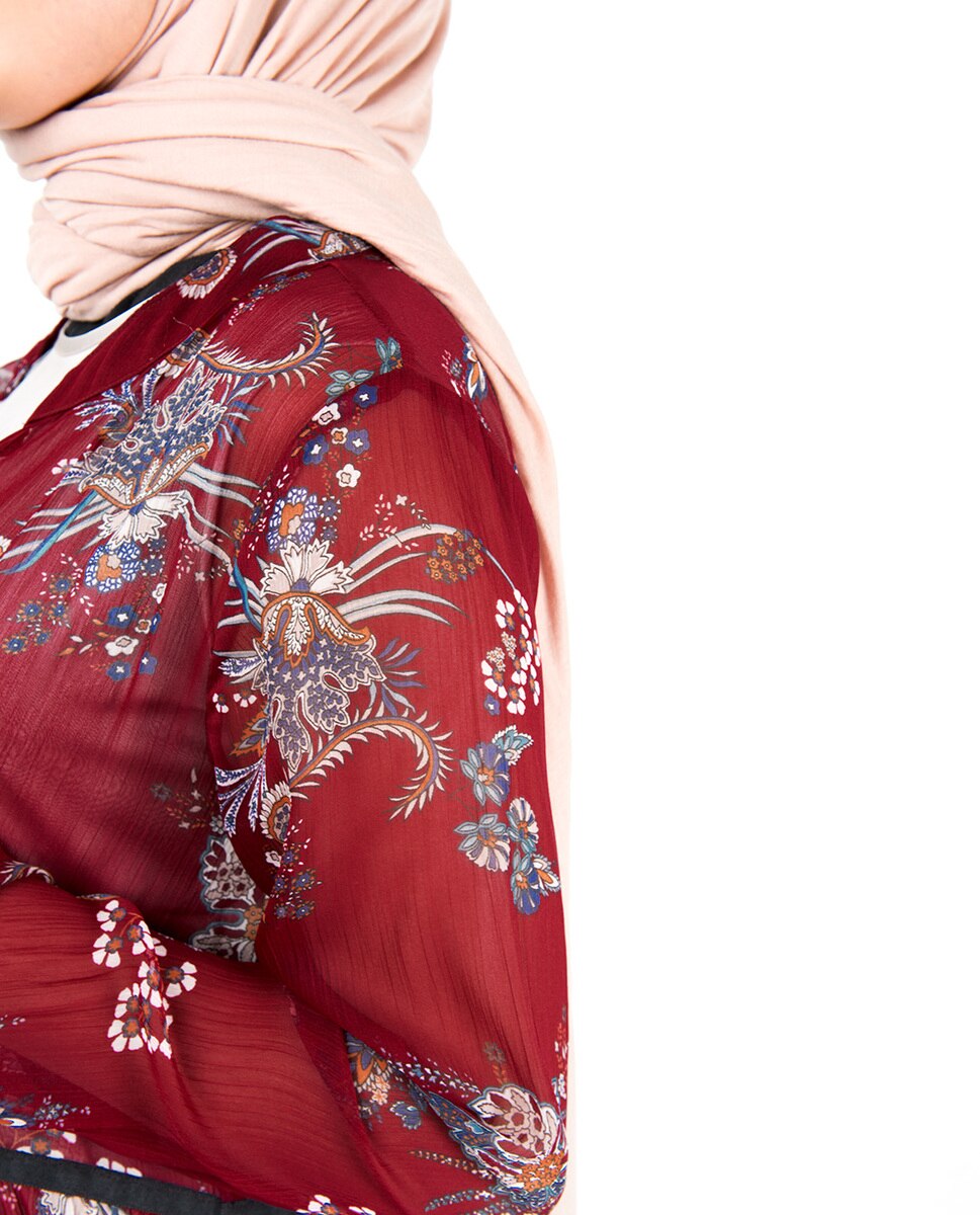 Red Floral Gathered Waist Poly Chiffon Outerwear