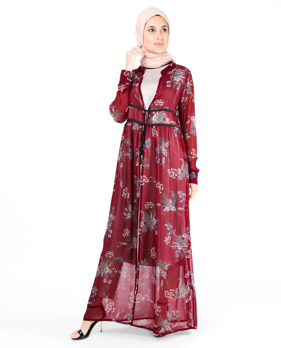 Red Floral Gathered Waist Poly Chiffon Outerwear