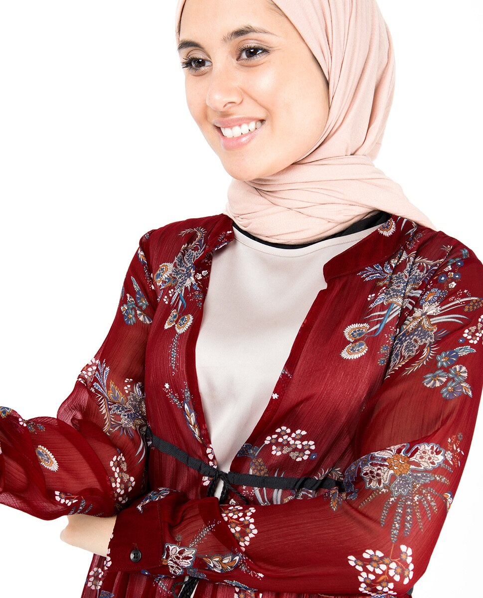 Red Floral Gathered Waist Poly Chiffon Outerwear