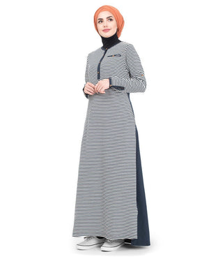 Beautiful Navy White Striped Mix Fabric Abaya or Jilbab S 54 Navy