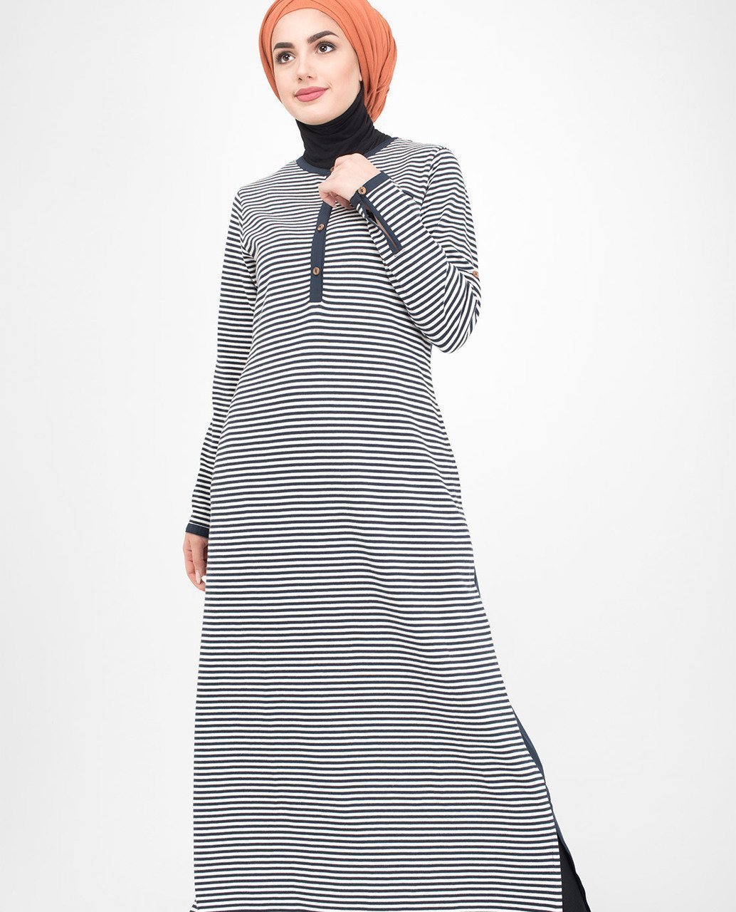 Beautiful Navy White Striped Mix Fabric Abaya or Jilbab S 54 Navy