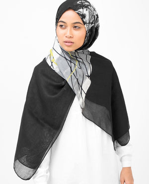 Black Abstract Print Viscose Hijab Medium Black 