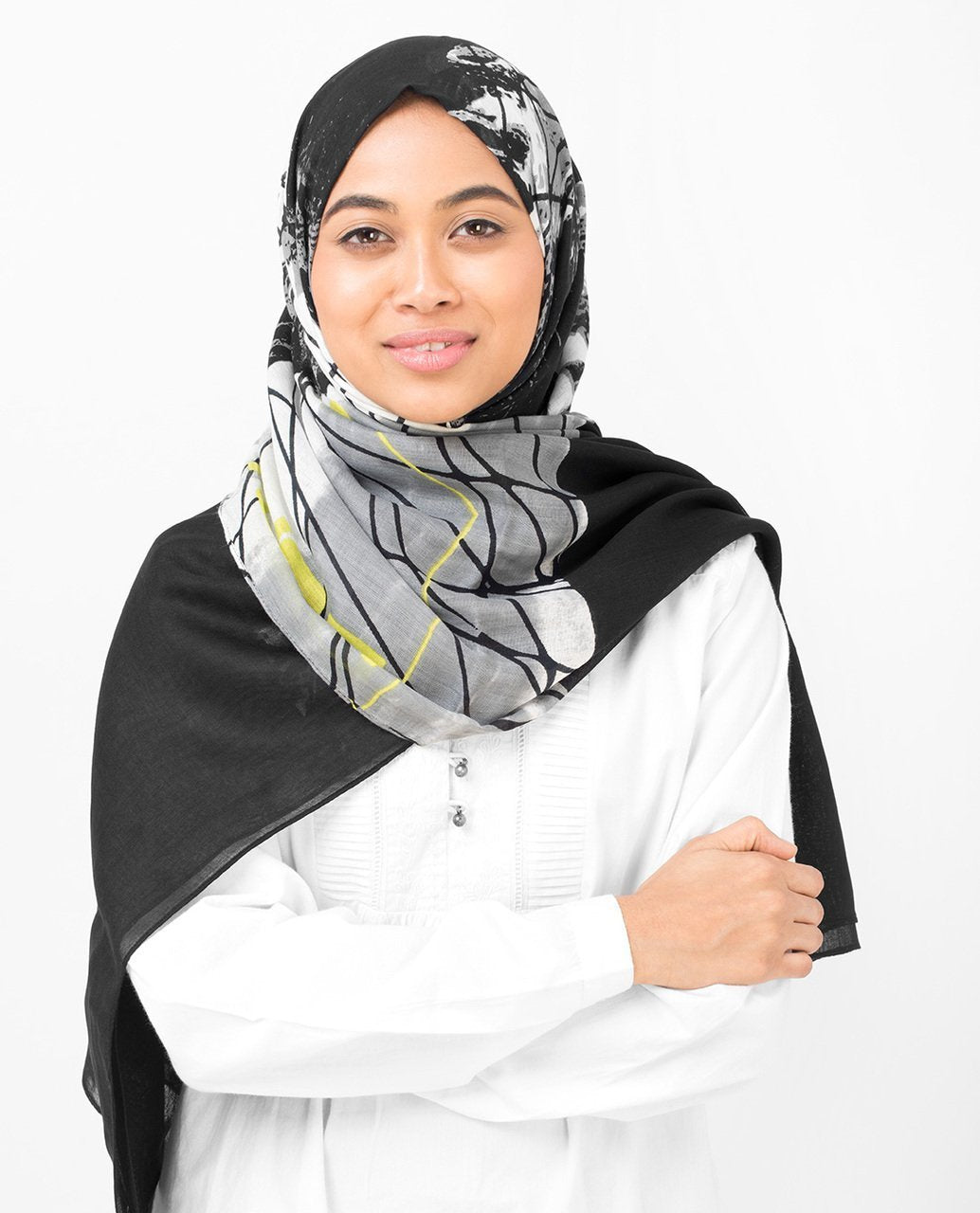 Black Abstract Print Viscose Hijab Medium Black 