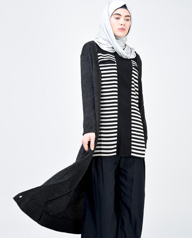 Black and Light Grey Striped Top Slim 
