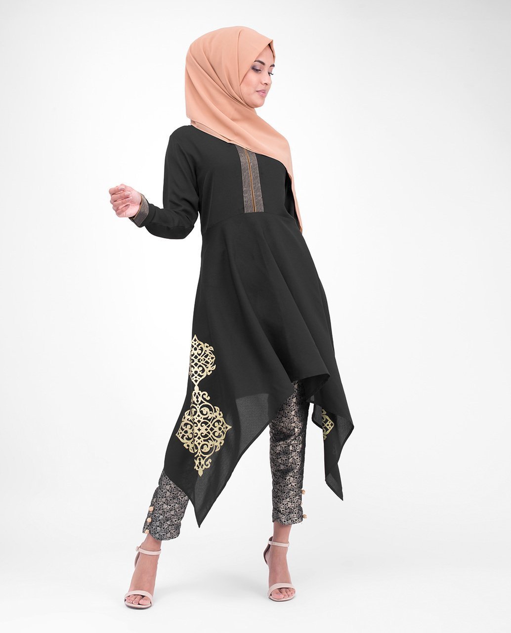 Black & Gold Print Modest Tunic Dress Small (8-10) Petite (- 5'2") Black & Gold