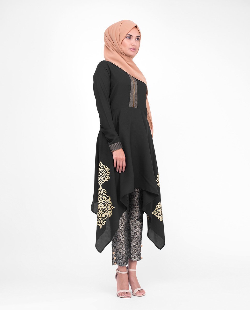 Black & Gold Print Modest Tunic Dress Small (8-10) Petite (- 5'2") Black & Gold