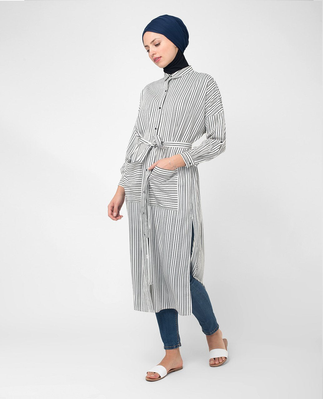 Black & White Striped Modest Shirt Dress, Long Shirt Dress