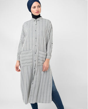 Black & White Striped Modest Shirt Dress Small (8-10) Petite (- 5'2") 