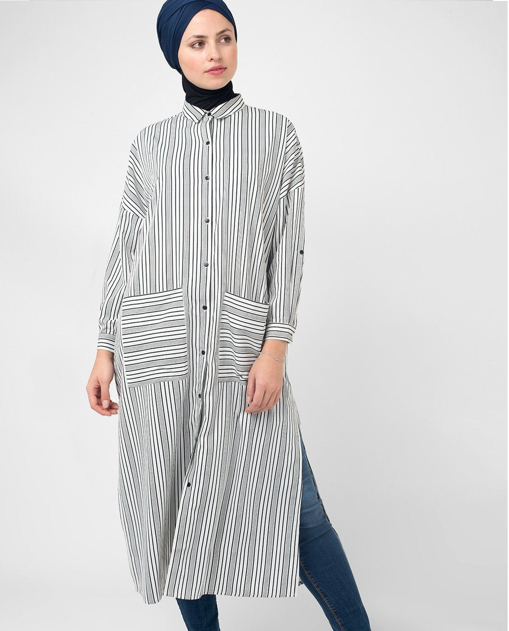 Black & White Striped Modest Shirt Dress, Long Shirt Dress Large (16-18) / Tall (5'6