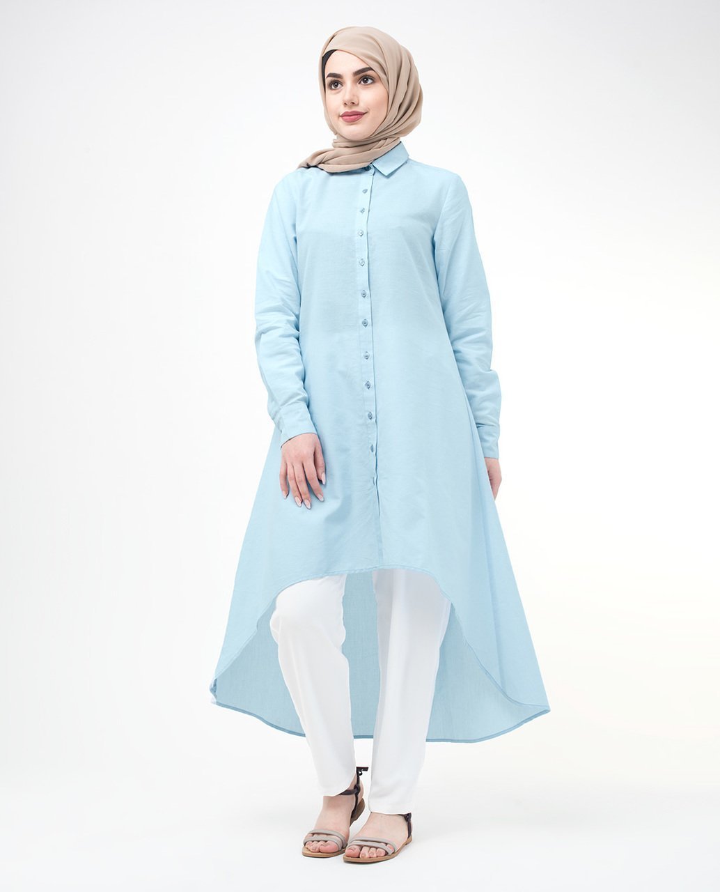 Beautiful Dip Hem Shirt Dress in Ocean Blue Print Color - ModestPath.com